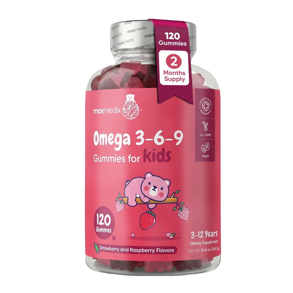 maxmedix Kids Vegan Omega 3 6 9 Gummies |120 Count (2-Month Supply) | Perilla Oil Sourced - Kids Omega 3 Gummies | Natural Strawberry & Raspberry Flavors | No Fish Oil Aftertaste | Non-GMO