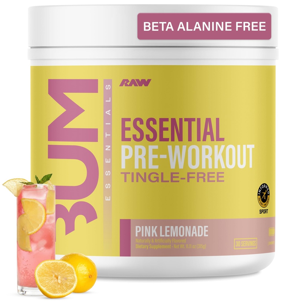 RAW Essential Tingle-Free Pre Workout Powder - Preworkout Without Beta-Alanine for Clean Energy & Focus - Workout Supplement with 200mg of Natural Caffeine - Pink Lemonade - 30 Servings