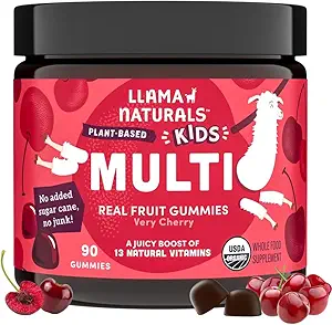 Llama Naturals Kids Multivitamin Gummies, Vegansk, Økologisk med D-vitamin, C & K, Toddler Real Fruit Gummy Vitaminer, Chewable Supplement, Hele fødevarer Multivitamin, Ingen tilsat sukkerrør, Cherry, 90 Ct