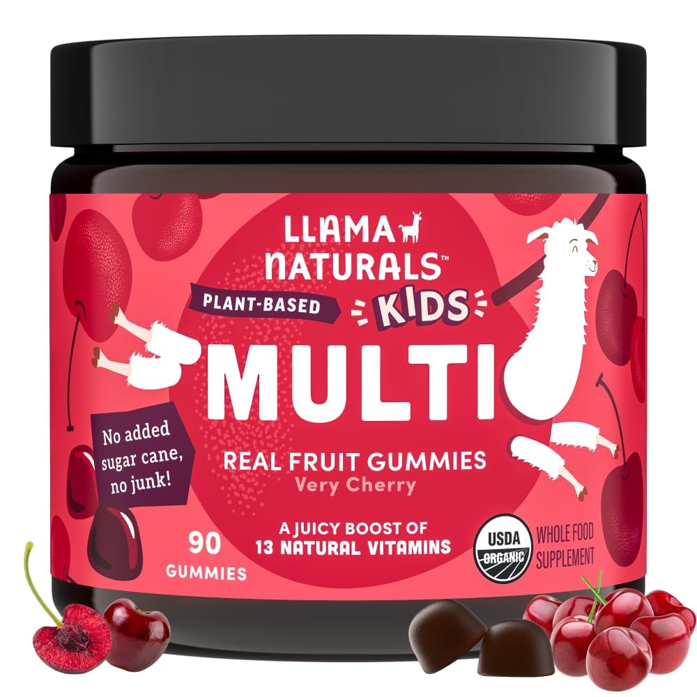 Llama Naturals Kids Multivitamin Gummies, Vegansk, Økologisk med D-vitamin, C & K, Toddler Real Fruit Gummy Vitaminer, Chewable Supplement, Hele fødevarer Multivitamin, Ingen tilsat sukkerrør, Cherry, 90 Ct