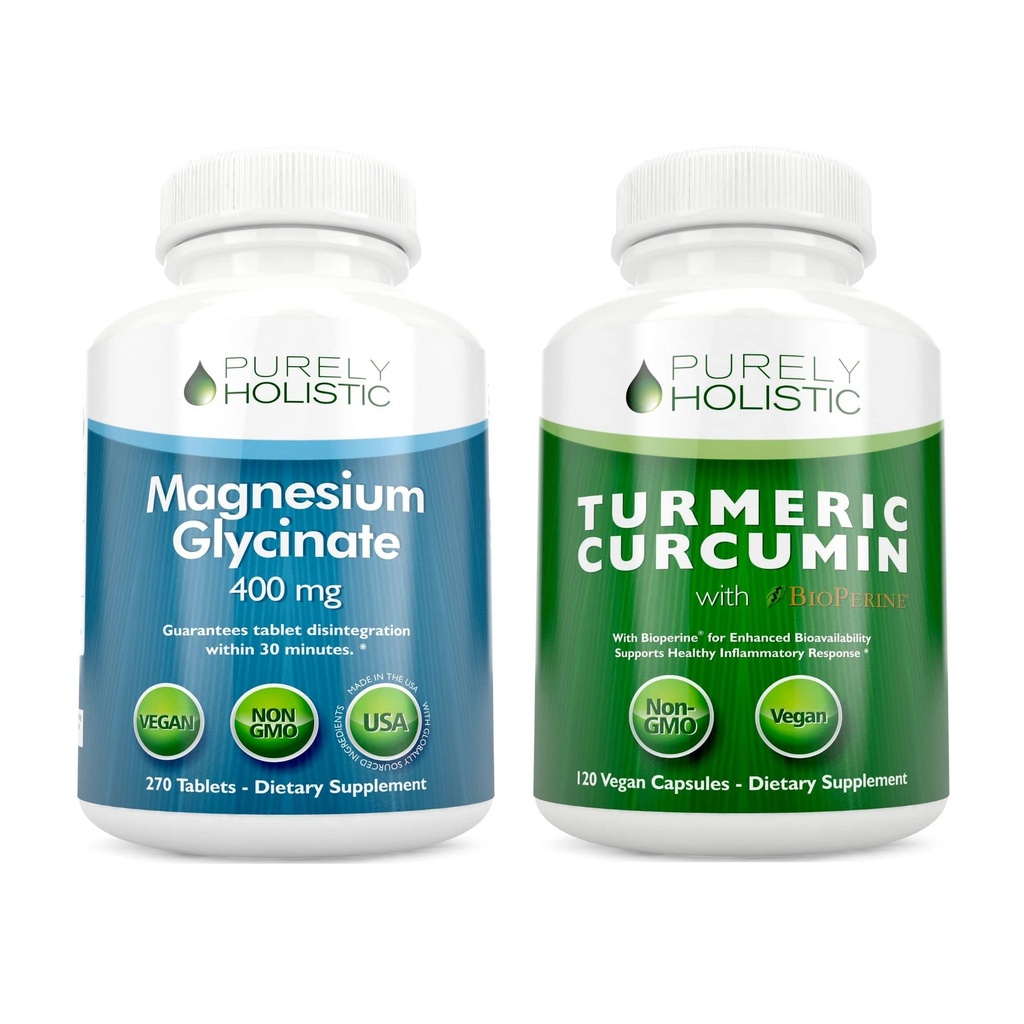 Magnesium Glycinate 400mg + Organic Turmeric Curcumin 700mg with Bioperine Providing 95% Curcuminoids - 270 Tablets & 120 Capsules - Vegan Bundle
