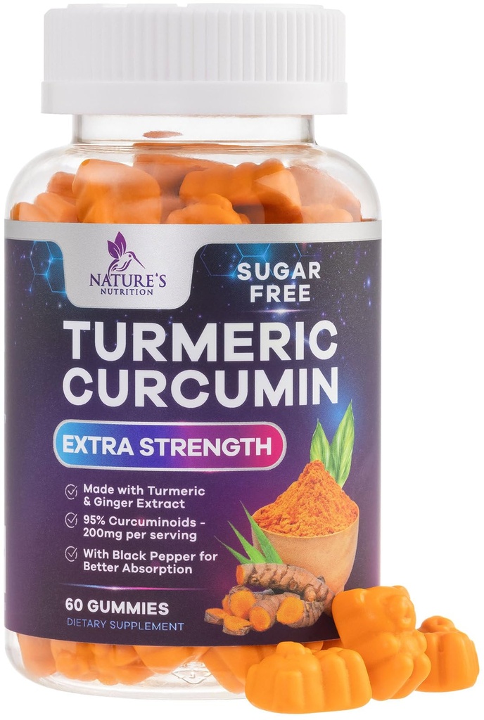 Turmeric Curcumin Gummies Sugar Free Supplement - 95% Curcuminoids with Turmeric & Ginger, Black Pepper for Best Absorption, Nature's Vegan Joint Support, Non-GMO, Tasty Peach Flavor - 60 Gummies