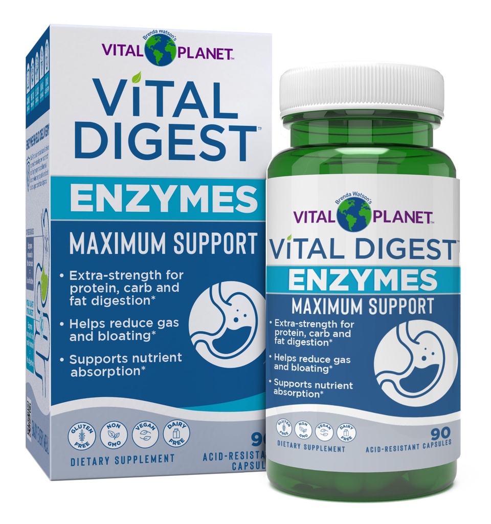 Vital Planet – Vital Digest Natural Digestive Enzymes Supports Breakdown of Proteins, Fats, and Carbohydrates and Reduces Occasional Gas, Bloating and Indigestion 90 Capsules (Packaging May Vary)