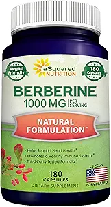 aSquared Nutrition Pure Berberine 1000mg Supplement - 180 Veggie Kapsler, Natural Berberine Hydrochloride HCL Plus, Max Strength 1000 mg (2X 500mg), Potent Berberine Vegan Extract