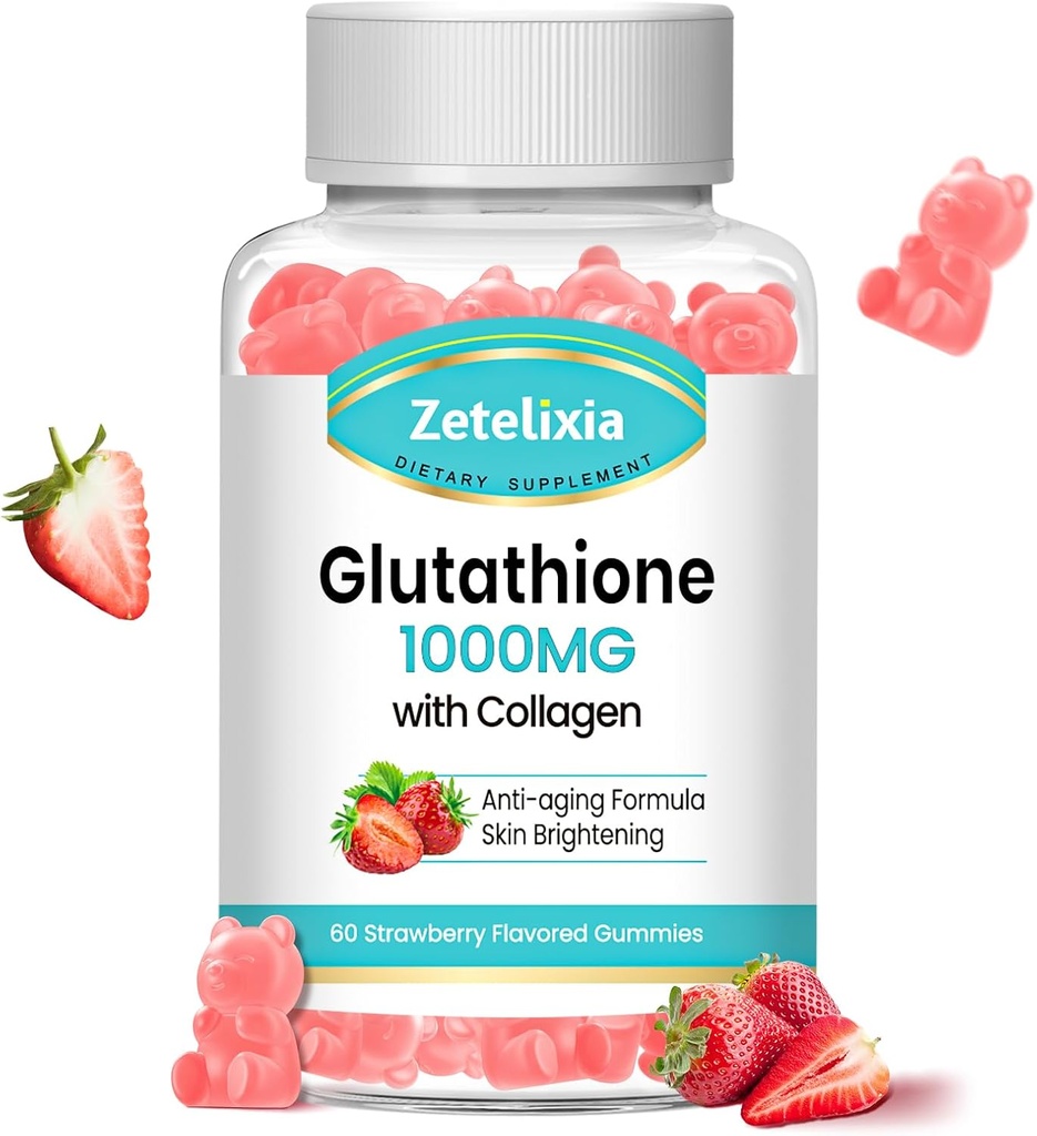 Glutathione Collagen Gummies, Collagen Gummies med C-vitamin, Glutathione supplement til kvinder, hår hud negle Muskel & Fælles, Anti- Aging, Vegan, Sukker fri, Jordbærsmag, 60 Greve
