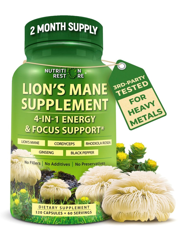 Organic Lion's Mane Supplement Capsules - Contains Naturally Occurring Beta Glucans & Polysaccharides, Enhanced with Organic Energy & Focus Support Blend: Cordyceps, Rhodiola Rosea, Ginseng, 120 Count