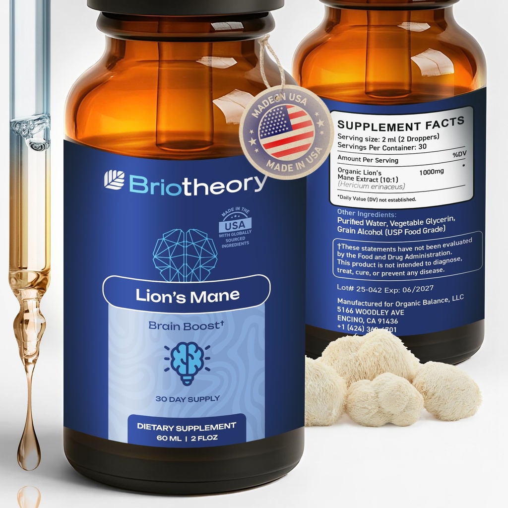Organic Lion's Mane Extract Liquid Drops – Brain Support, Energy, Memory & Focus - Sugar Free, Lion's Mane Mushroom Extract 1000 mg, Vegan, Non-GMO - 60ml (30 Days Supply), Made in USA.