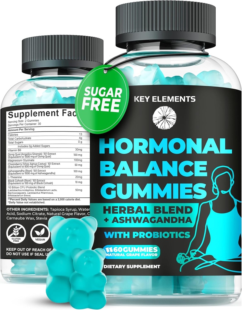 PMS Gummies Hormonal Balance Kosttilskud til kvinder - Probiotiske PMS Vitaminer Menstruelle Krampe Relief, Hot Flashs Menopause Support - PMS Relief med Dong Quai, Chasteberry, Black Cohosh & Ashwagandha