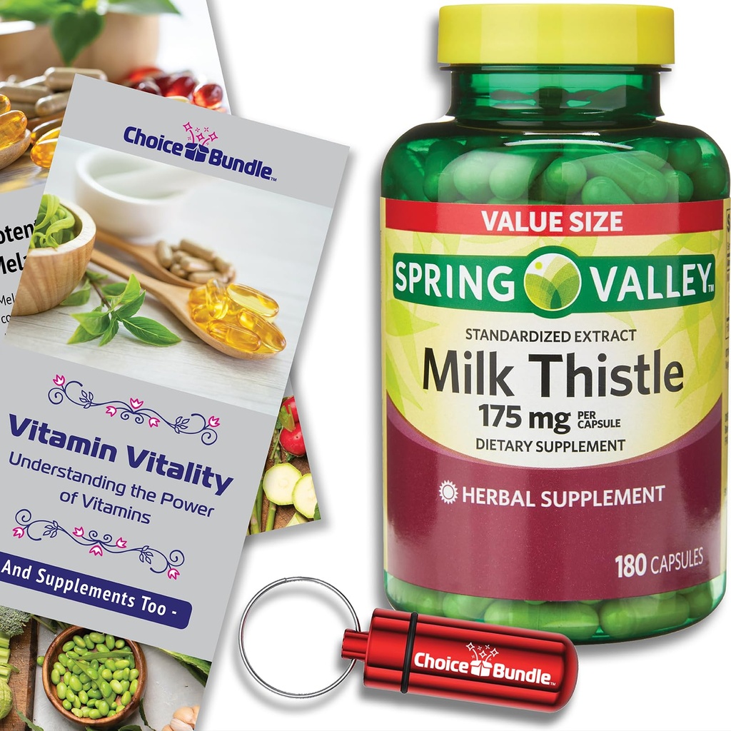Choice Bundle Spring Valley Standardized Extract Milk Thistle Dietary Supplement Capsules 175 mg 180 Ct Plus Vitamin Guide and Pill Container (3 Items)!