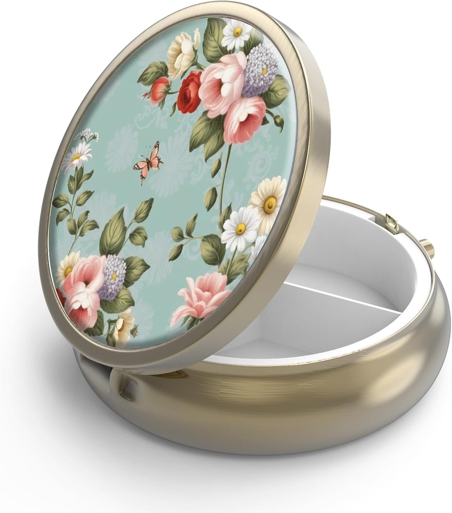 Pill Case Pill Box med spejl Retro 3 Segment Lille Pill Case til purse eller Pocket Bronze Lille Roud Pill Box eller vitaminer, fiskeolie, kosttilskud, Pill Containe Travel Gaver Retro Green Floral
