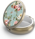 Pill Case Pill Box med spejl Retro 3 Segment Lille Pill Case til purse eller Pocket Bronze Lille Roud Pill Box eller vitaminer, fiskeolie, kosttilskud, Pill Containe Travel Gaver Retro Green Floral