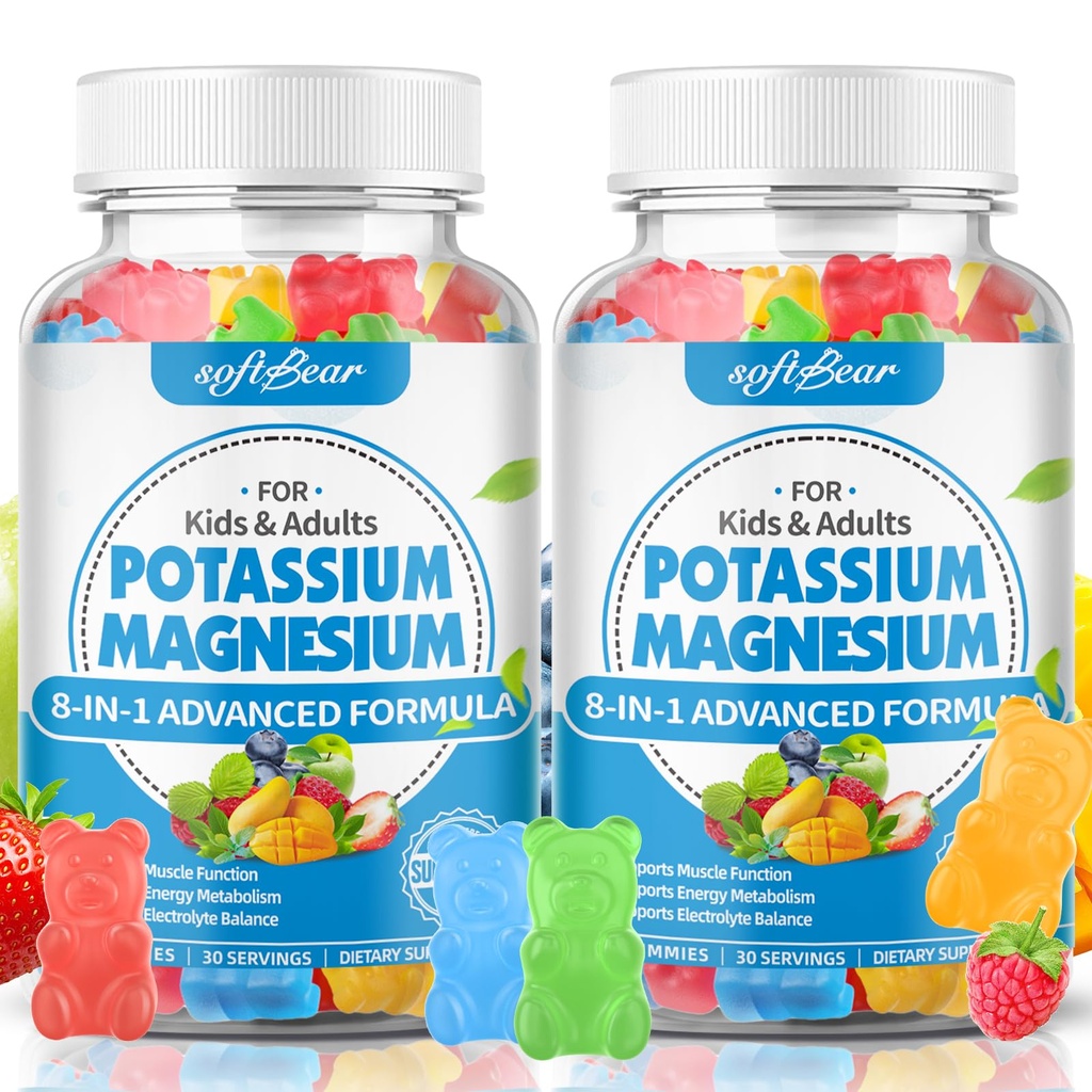 softbear Sugar Free Kalium Magnesium gummies for adult kids, High Absorption Kalium supplement gummies understøtter ben kramper & muskel & immunsundhed, lækker blandet frugt flavor 120 Tæl