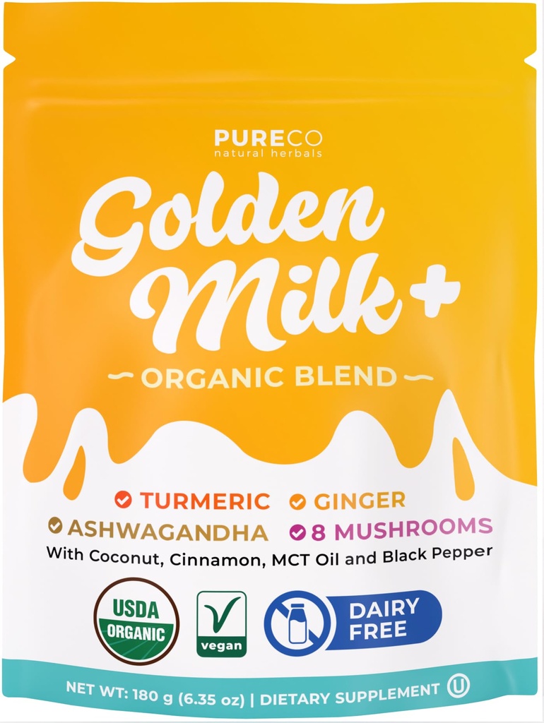 Golden Milk Powder Organic Blend - Adaptogenic Turmeric Latte with Ginger Ashwagandha & Mushroom Complex for Sleep Relaxation Vitality & Immune Support - Vegan Non-GMO & Filler Free (60 Servings)