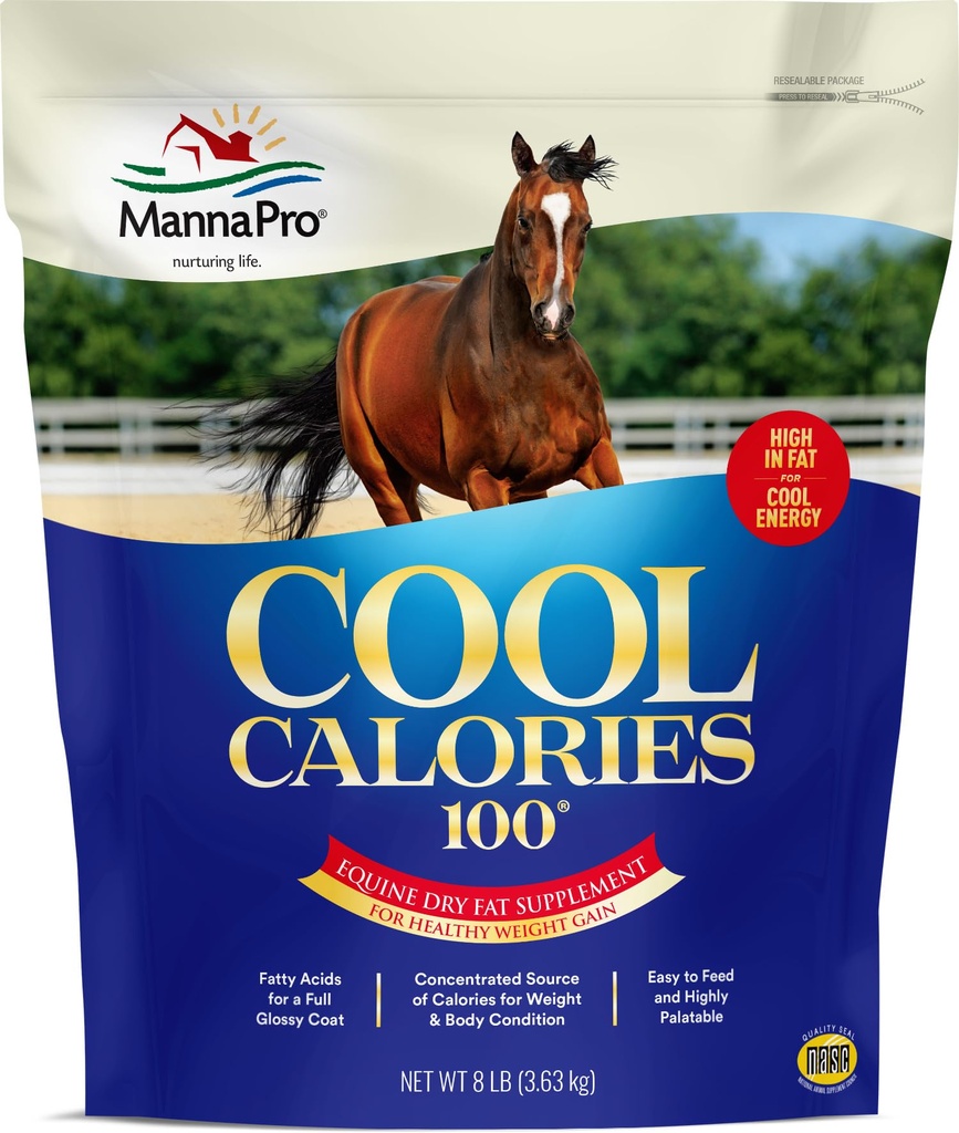 Manna Pro Cool kalorier 100 - Equine fedt supplement til heste, understøtter sund vægt Gain, Muscle Vedligeholdelse & Shiny Coat, Koncentreret tør fedt kalorie Booster, Low- Stivelse Formel, 8 LB taske