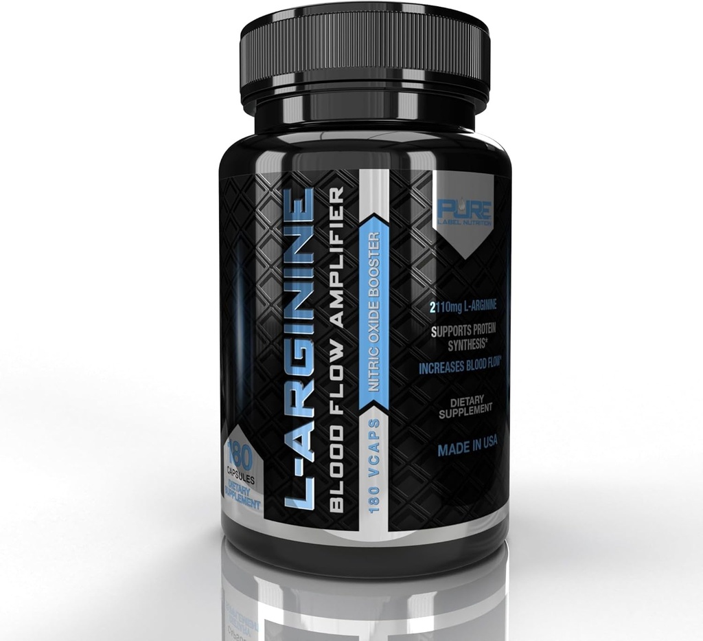 Pure Label Nutrition L Arginine Capsules, Nitric Oxide Booster, Amino Acid Supplement for Men and Women, Helps Build Muscle & Strength and Boost Energy, Blood Flow Support - 180 caps