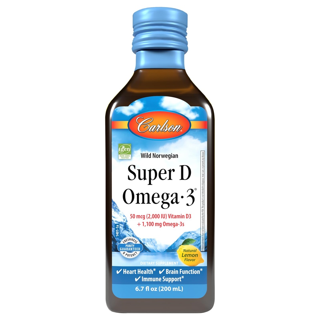 Carlson - Super D Omega-3, Wild Caught Norwegian Arctic Cod Oil, 2000 IU (50 mcg) Vitamin D3, 1100 mg Omega-3s, Sustainably Sourced Nordic Fish Oil Liquid, Lemon, 200 mL (6.7 Fl Oz)