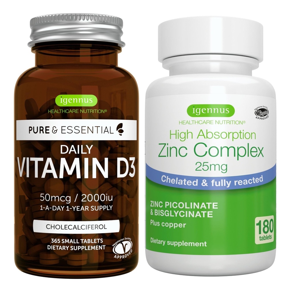 Daily Vitamin D3 + Zink Complex Vegetarian Bundle, 365 2000iu Vitamin D3 Tablets + 25mg Chelated Zink Picolinate & Bisglycinate with Copper, by Igennus