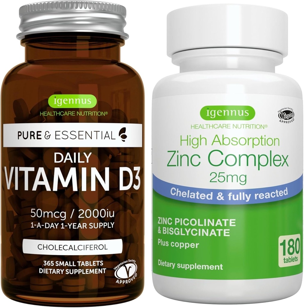 Daily Vitamin D3 + Zink Complex Vegetarian Bundle, 365 2000iu Vitamin D3 Tablets + 25mg Chelated Zink Picolinate & Bisglycinate with Copper, by Igennus