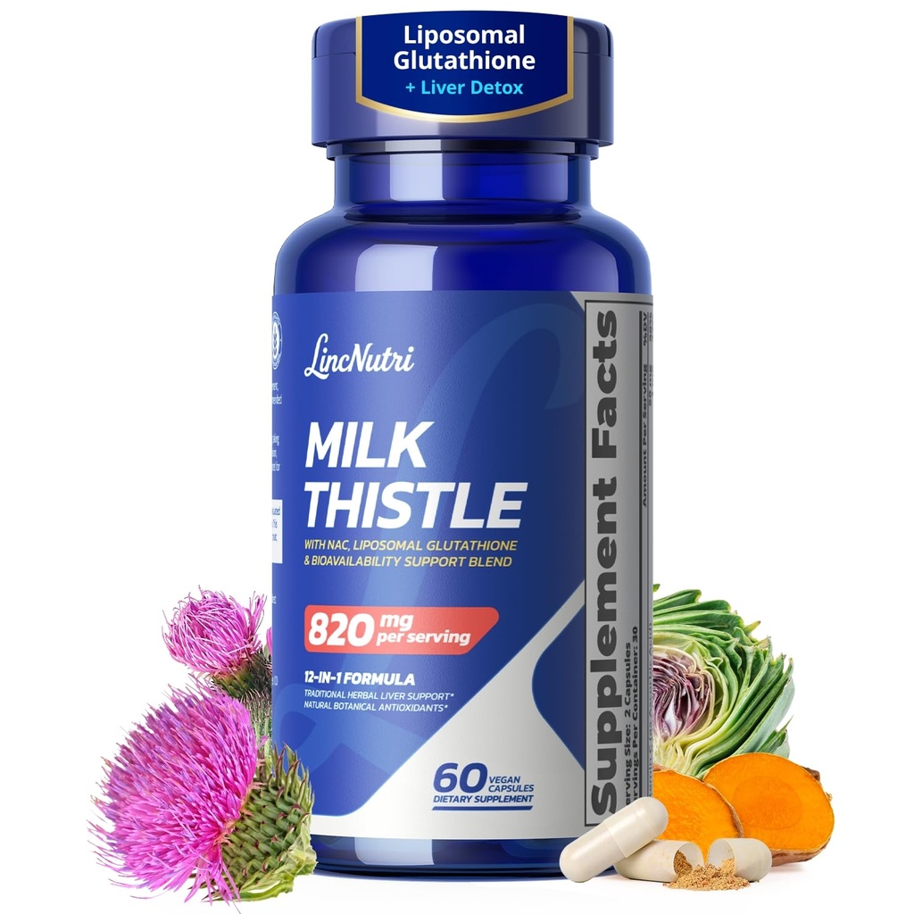 Milk Thistle Liver Detox Supplement with Liposomal Glutathione – 12-in-1 Liver Cleanse & Repair Support with NAC, Turmeric, Artichoke – Supports Detox, Metabolism, Energy & Liver Health – 60 Capsules