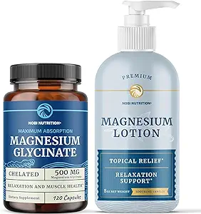 Magnesiumlotion og Magnesiumglycinat Supplement Note 124; Full Body Magnesium Support for Body and Mind med 8 Fl Oz Topical Magnesium Plus 500 mg Magnesiumglycinat piller