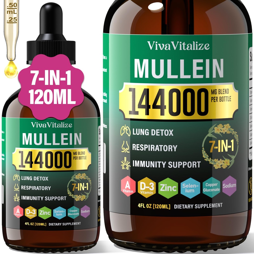 Mullein dråber til lunger, 144000mg Mullein Leaf ekstrakt til lunger rense & respiratoriske funktion sund vejrtrækning immunforsvar, fordøjelsessystem, naturlige herbal supplement sukker & alkohol-fri, 120-dages forsyning