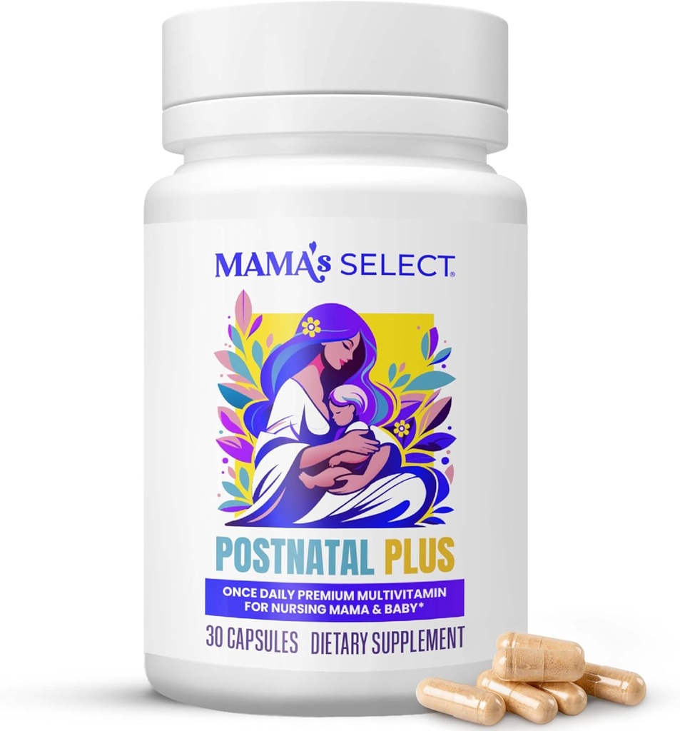 Mama 's Select Postnatal Vitaminer - Øger hår Inddrivelse, Milk Supply, & Wellness - Allergen- Free, Vegan, MTHFR Friendly, Methylerede Folate & B Vitaminer, Easy- to- Swallow, No Biotin - 30 Kapsler