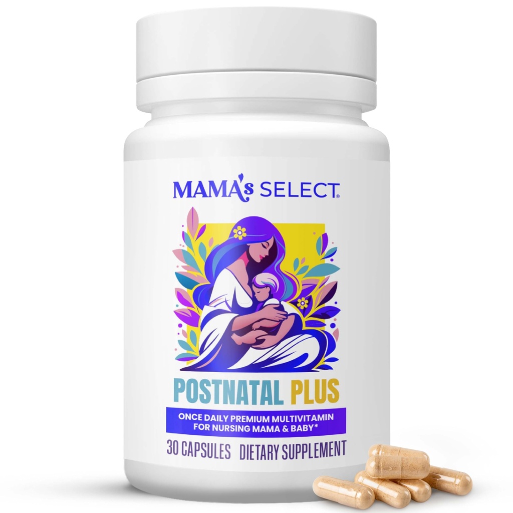 Mama 's Select Postnatal Vitaminer - Øger hår Inddrivelse, Milk Supply, & Wellness - Allergen- Free, Vegan, MTHFR Friendly, Methylerede Folate & B Vitaminer, Easy- to- Swallow, No Biotin - 30 Kapsler