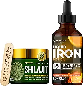Flydende jerntilskud med vitaminer B6, B9, B12, C, Folate & MCT Oil (2 Fl Oz, Citrus) + Pure Himalayan Shilajit Resin 600 mg for immunforsvar & energi (68g)