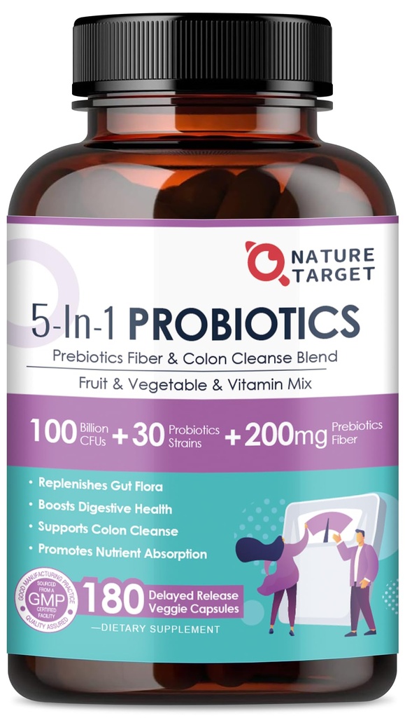 NATUR TARGET Probiotika til Women- Men fordøjelsessygdomme, Mens- Womens Probiotika med Prebiotika, 100 milliarder CFU 'er til Gut og immunforsvar, 180 Veggie kapsler (90 dages forsyning)
