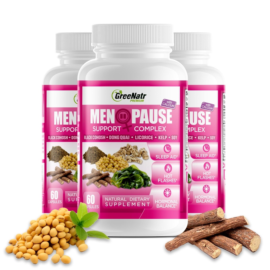 GreeNatr Menopause Kosttilskud til kvinder - Perimenopause Kosttilskud til kvinder med Dong Quai & Black Cohosh til menopause Hot Flash - Menopause Support til søvn kvalitet & Hormone Balance - 3 flasker