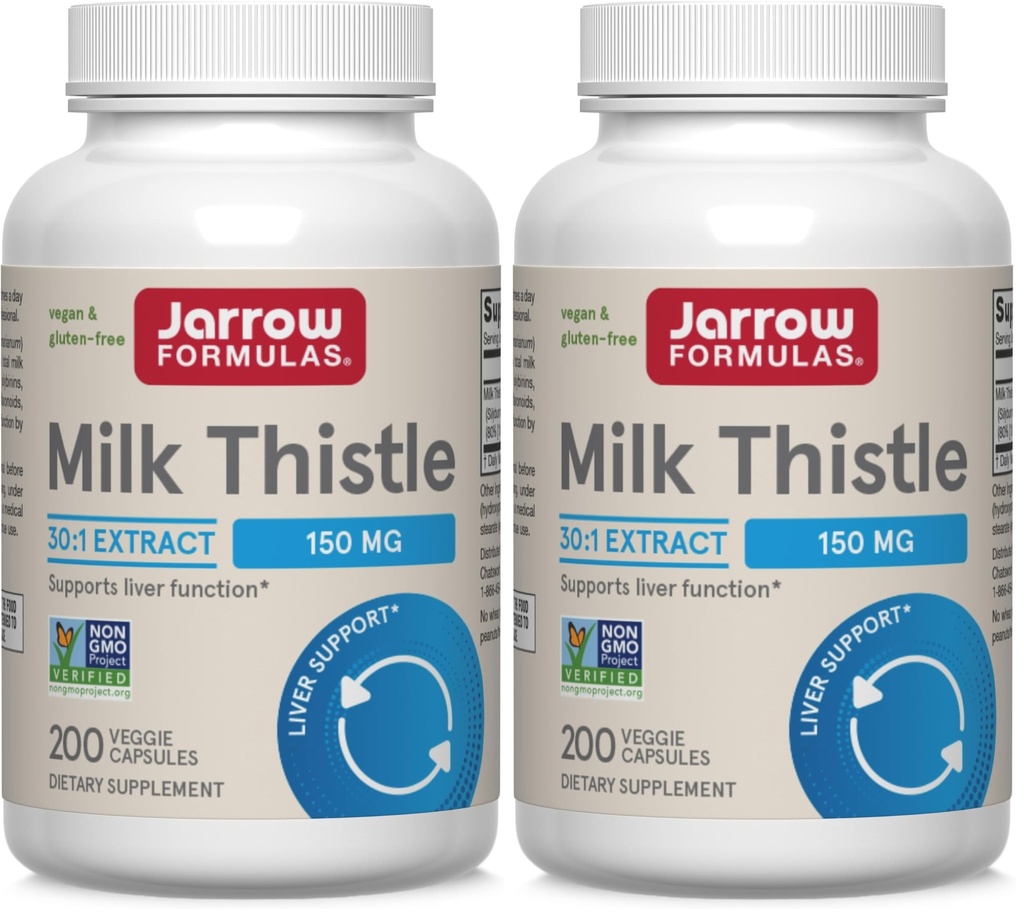 Jarrow Formulas Milk Thistle Supplement 150 mg 30:1 Milk Thistle Extract Standardized to 80% Total Flavonoids,Dietary Supplement for Liver Function Support, 200 Veggie Capsules for 200 Day,(Pack of 2)