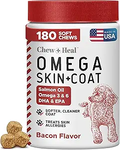 Omega for hunde - 180 lækre bløde tygger - Lakseolie behandlinger for hud og coat, Itch Relief - Fish Oil Blend af essentielle fedtsyrer, Omega 3, 6 og 9, og Vitamin - Røget Bacon Flavor