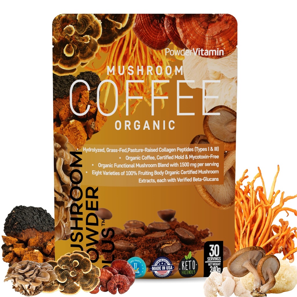 PowderVitamin Organic Mushroom Coffee Certified Mold & Mycotoxin- Free GrassFed Collagen Typer I & III 8 Fruiting Body Mushrooms Testet for Beta- Glucans Focus Energy fordøjelse & Immunity 30 Serveringer