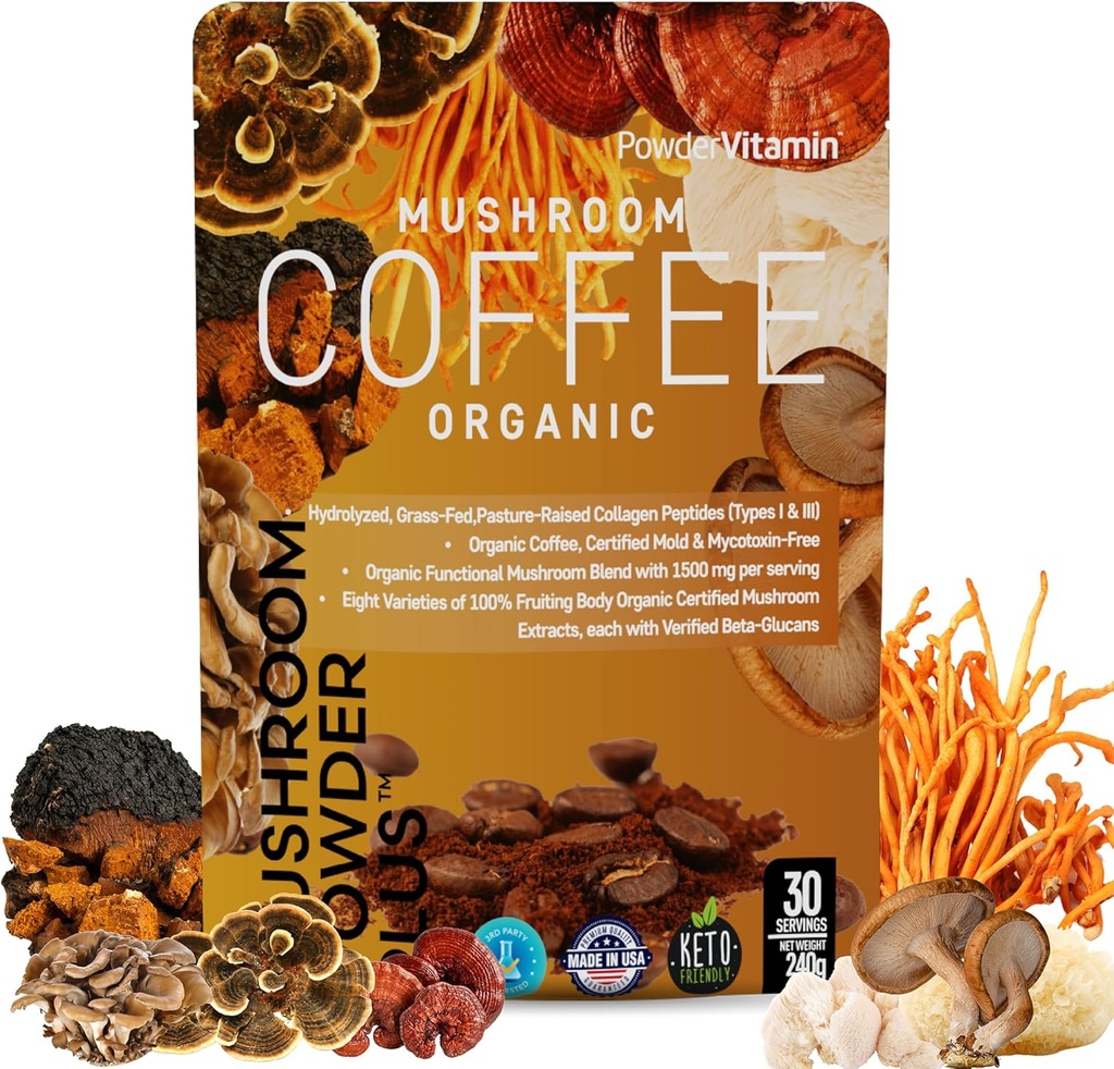 PowderVitamin Organic Mushroom Coffee Certified Mold & Mycotoxin- Free GrassFed Collagen Typer I & III 8 Fruiting Body Mushrooms Testet for Beta- Glucans Focus Energy fordøjelse & Immunity 30 Serveringer