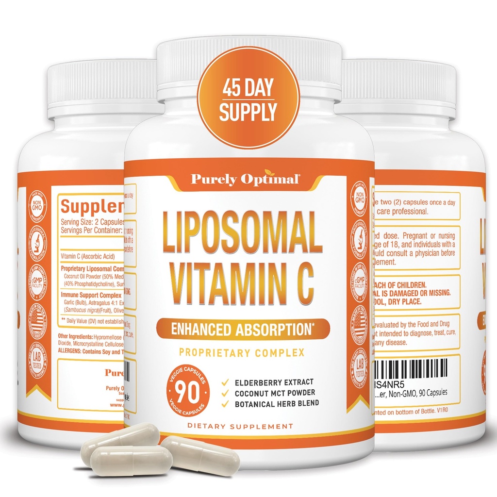 Purely Optimal Premium Liposomal Vitamin C Supplement - High Absorption, Fat Soluble Ascorbic Acid Vitamin C 1000mg for Immune Support - Collagen & Immune System Booster, Non-GMO, 90 Capsules