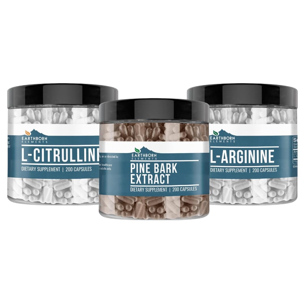 Earthborn Elements Pine Bark, L- Arginin, & L- Citrullin Capsule Bundle, 200 Kapsler Hver, Pure & Ufortyndet, Ingen tilsætningsstoffer