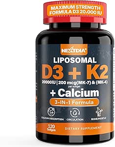 Vitamin D3 20,000 IU + Vitamin K2( MK7 )200mcg - Optimal Vitamin D3 & K2 Softgel - Strong Bones & Muscle, Calcium Absorption & Immune Support, Helping Vitamin D Deficiencies, Easy to Swallow, Non GMO