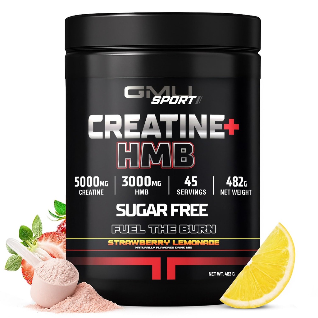 GMU SPORT Creatine HMB Powder – 45 Servings – 5g Creatine Monohydrate + 3g HMB + Piperine – Muscle Growth, Strength & Recovery | Strawberry Lemonade Drink Mix for Men & Women