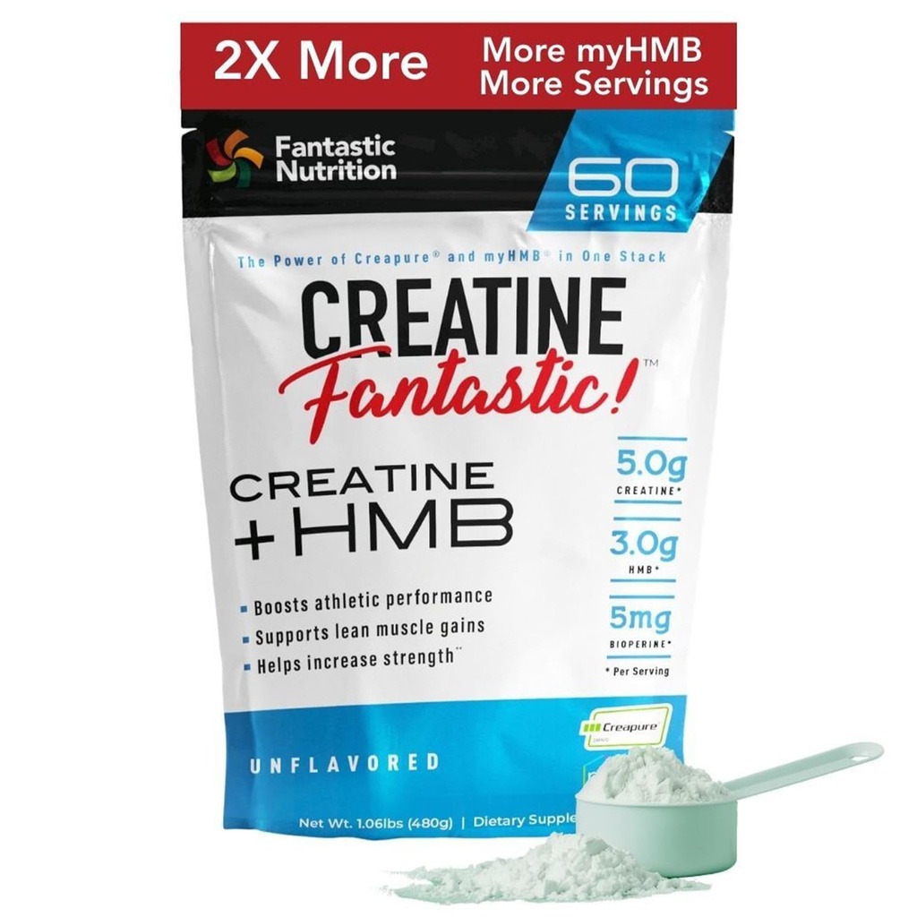Fantastic Nutrition's Creatine + HMB — Clinically Dosed 5g Creapure German Creatine Monohydrate Plus 3g myHMB for Strength, Lean Muscle & Recovery — 60 Servings, Unflavored