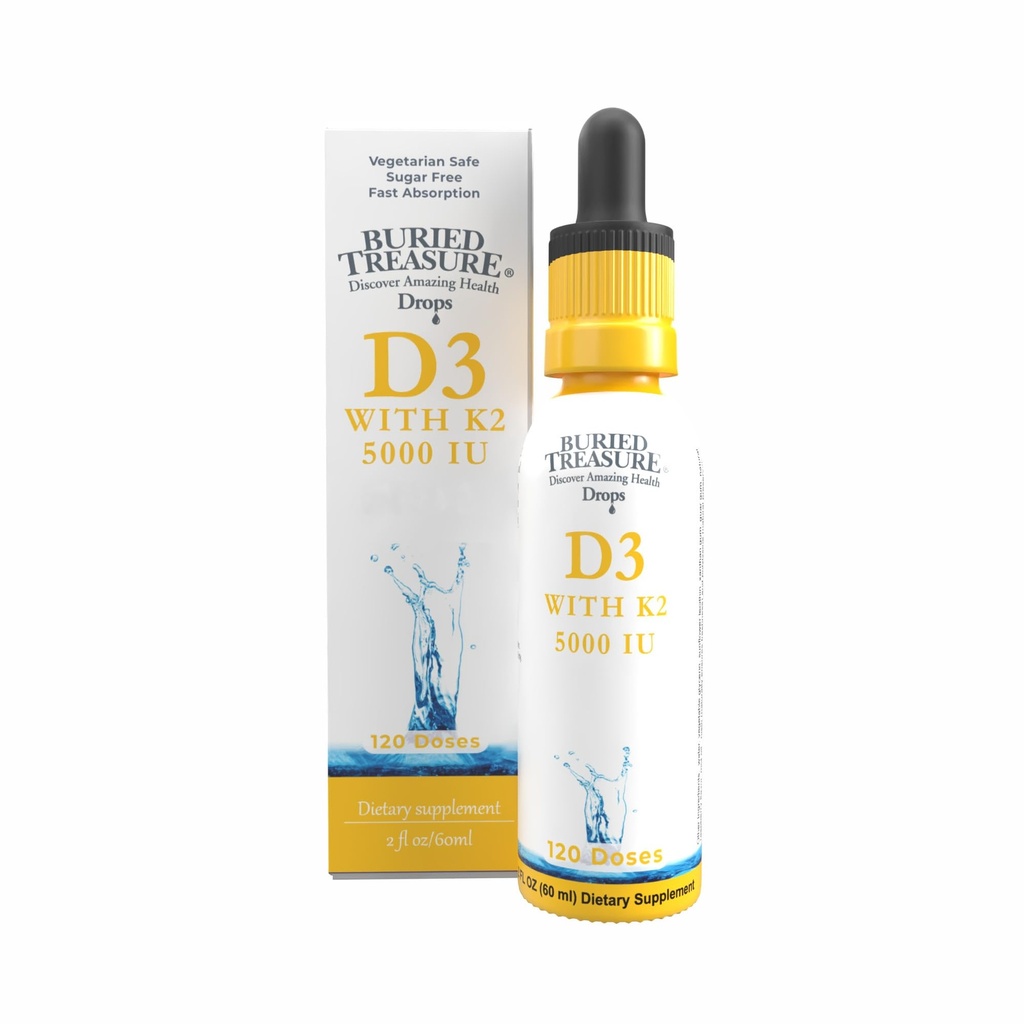 Begravet Treasure Vitamin D3 & K2 dråber - 5000 IE D3 med 100 mcg K2 for ben, hjerte & immunforsvar, sukkerfri, 2 fl oz
