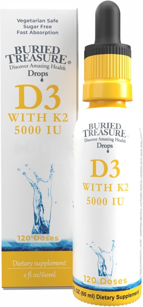 Begravet Treasure Vitamin D3 & K2 dråber - 5000 IE D3 med 100 mcg K2 for ben, hjerte & immunforsvar, sukkerfri, 2 fl oz