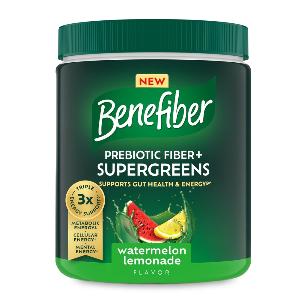 Benefiber Prebiotic GLP-1 Friendly Fiber + Supergreens Dietary Supplement Powder, Watermelon Lemonade Flavor, 8.8 oz (250g)