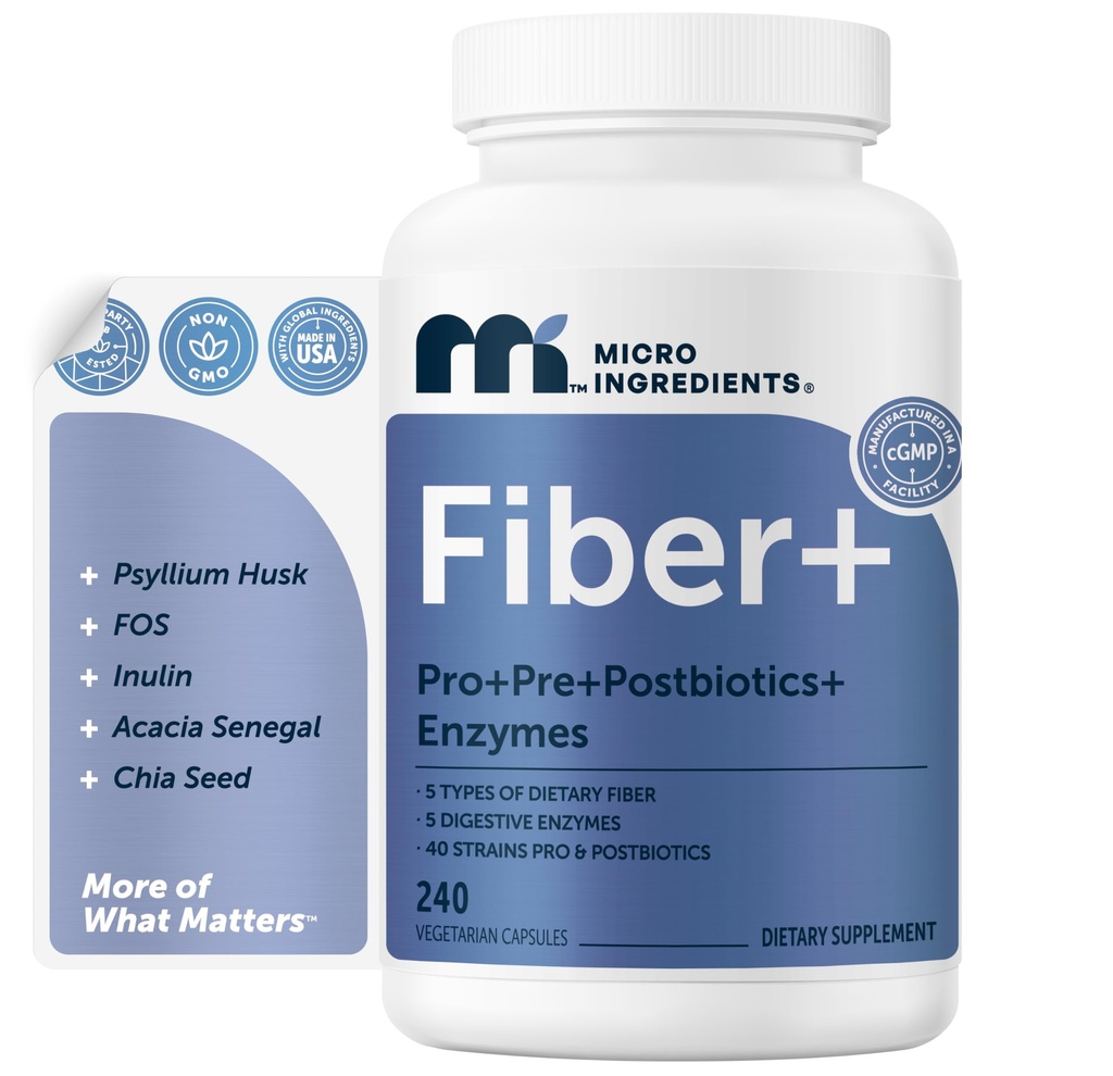 Micro Ingredients Psyllium Husk Fiber Capsules 5-in-1, 240 Vegetarian Capsules | Soluble Fiber Supplement for Digestive Support* | Probiotics, Prebiotics, Postbiotics & Digestive Enzymes | Non-GMO