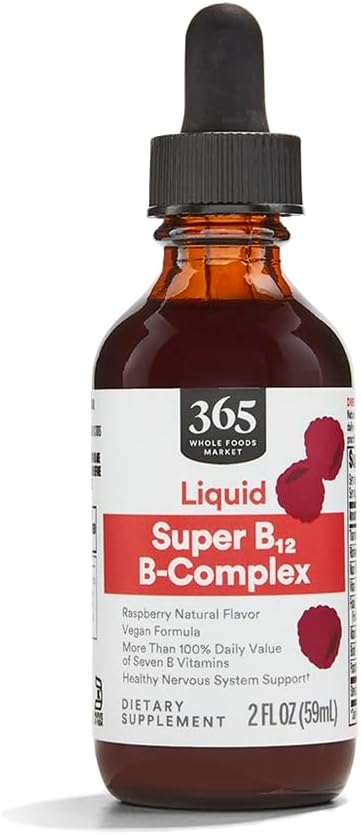 365 af Whole Foods Market, Super B- 12 B- Complex Liquid Supplement, Raspberry Natural Flavor, Vegan, 2 Fl Oz