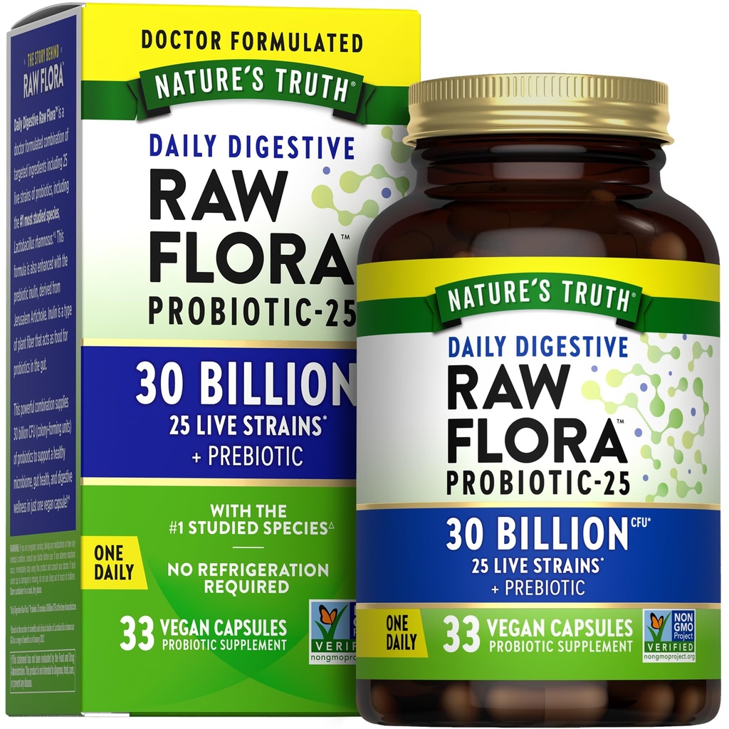 Raw Flora Probiotics with Prebiotics | 30 Billion CFU | 33 Daily Digestive Capsules | Vegan, Non-GMO & Gluten Free Supplement for Women and Men