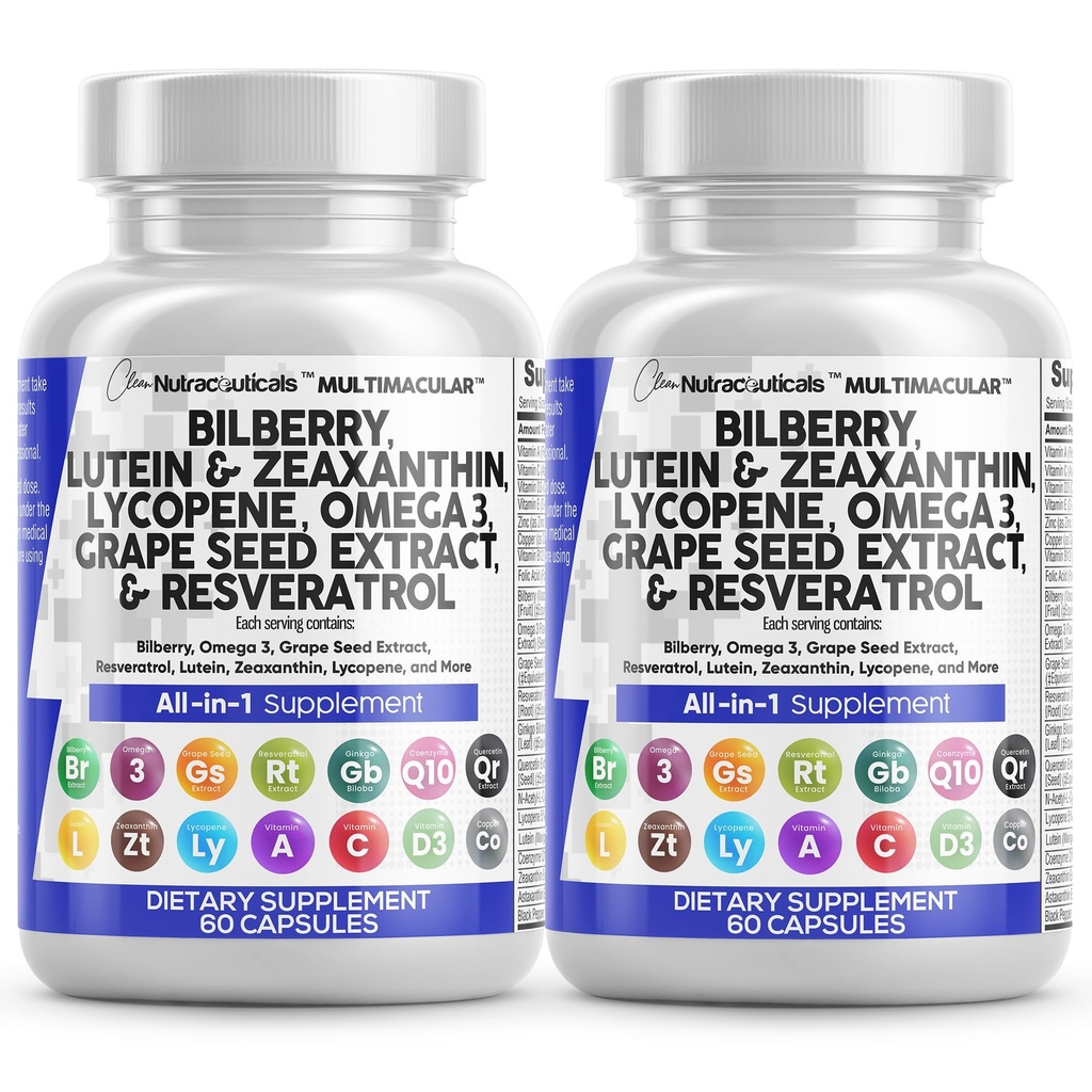 Clean Nutra Eye Vitamins with Bilberry Lutein and Zeaxanthin Supplements Lycopene 40mg Resveratrol Grape Seed Astaxanthin for Eyes - Eye Care Health Support (60 Count (Pack of 2))
