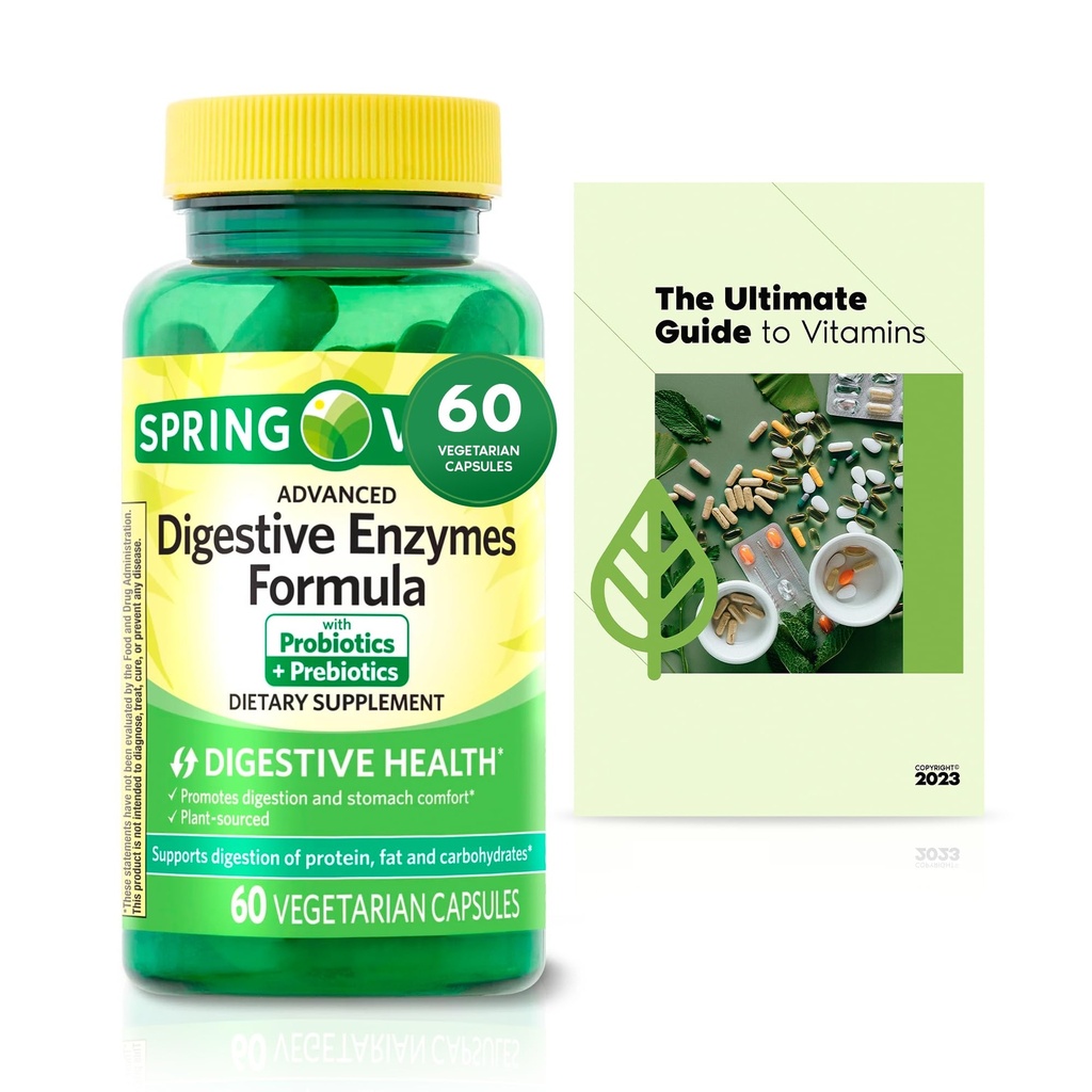 Sprin Val-Ley Advanced Formula Digestive Enzymes Vegetarian Capsules for Digestive Health, 60 Count, 2 Months Supply + Exclusive Vtmx Vitamin Guide (2 Items)