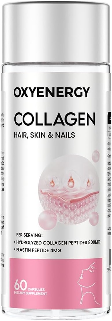 OxyEnergy collagen peptider kapsler til kvinder, 800mg hydrolyseret collagen (type I) Kosttilskud med Elastin peptider, 60 Collagen piller til fremme af hår, negle, hud, Colágeno en Capsulas