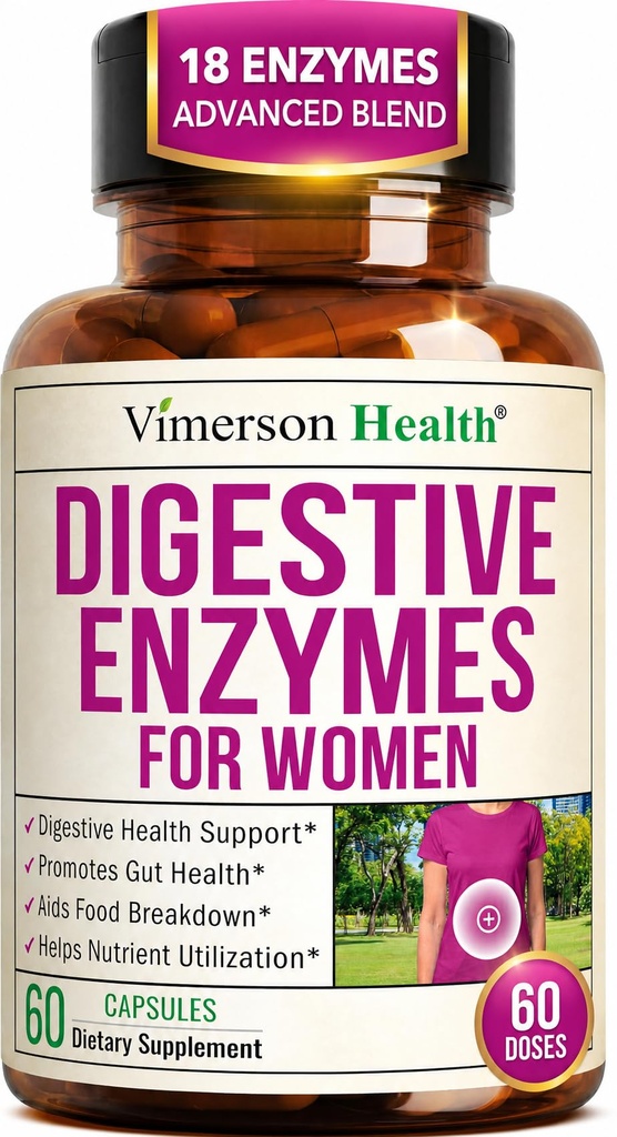 Digestive Enzymes for Women – 18 Plant Based Enzymes - Debloat & Bloating Relief w/Bromelain, Papain, Lactase & Amylase – Aids Protein, Dairy, Fiber & Carb Digestion + Gut Health 60 Veggie Caps