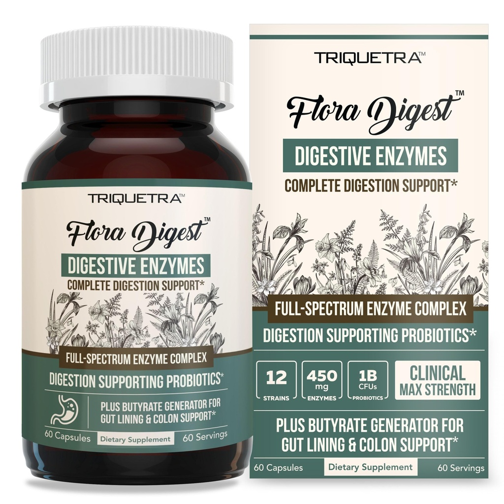 Flora Digest - 3-in-1 Max Strength Digestive Enzymes + Gut Surviving Probiotics & ButyraGen® Postbiotic for Optimal Digestion, Bloating Relief, Regularity, Gut Lining & Colon Support - (60 Capsules)